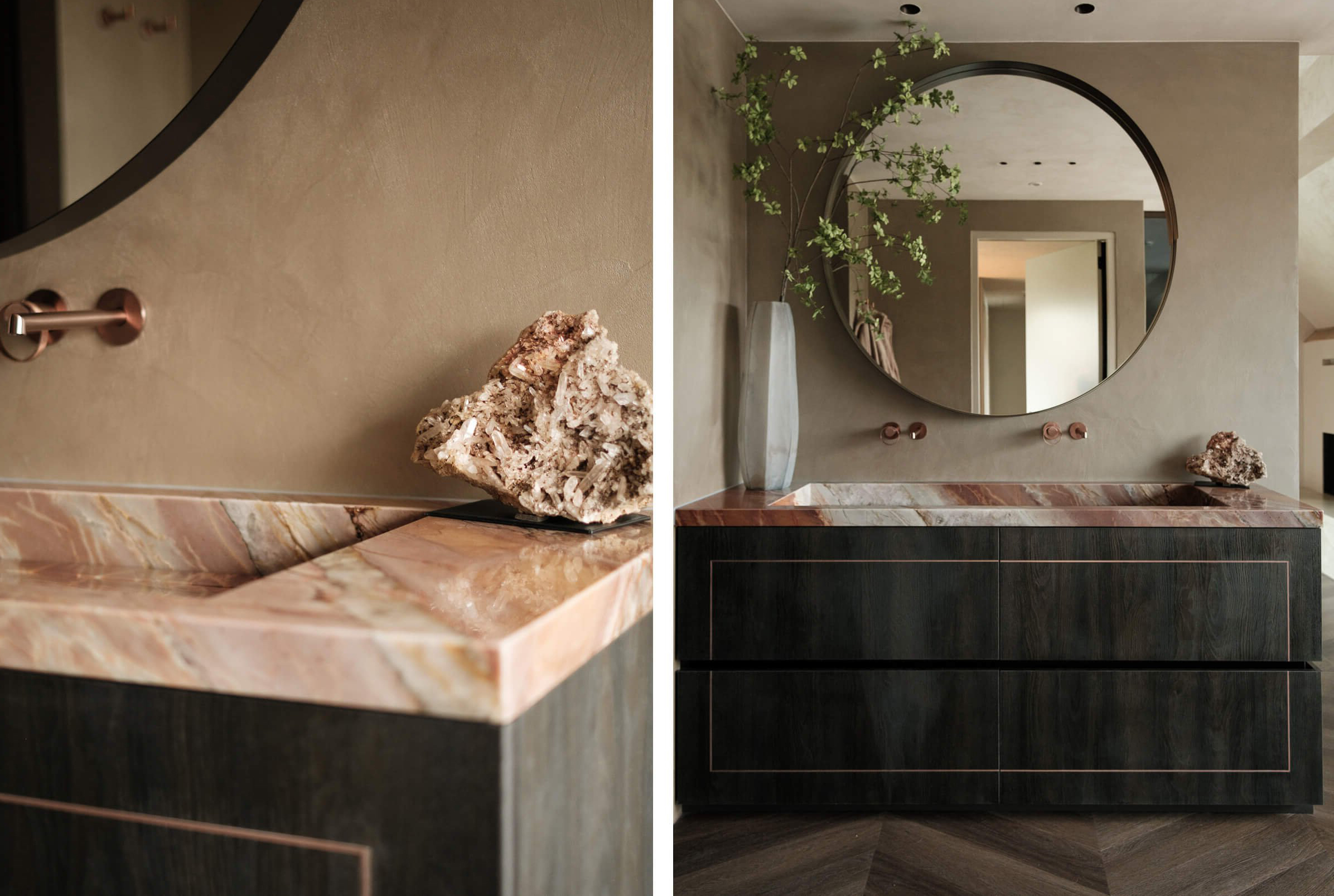 Modern vanity with pink onyx countertop and round mirror – Uni-Stone Toronto