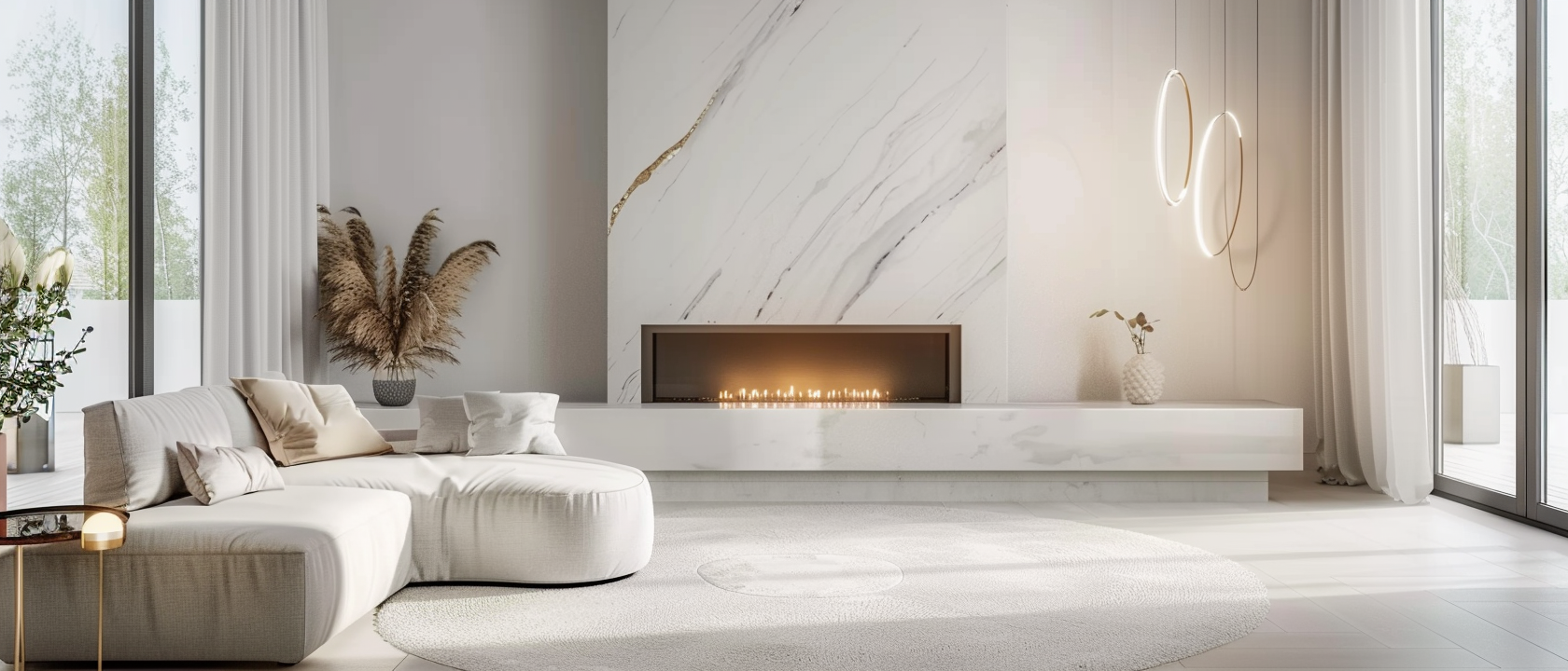 Modern marble fireplace surround installation in Toronto luxury living room