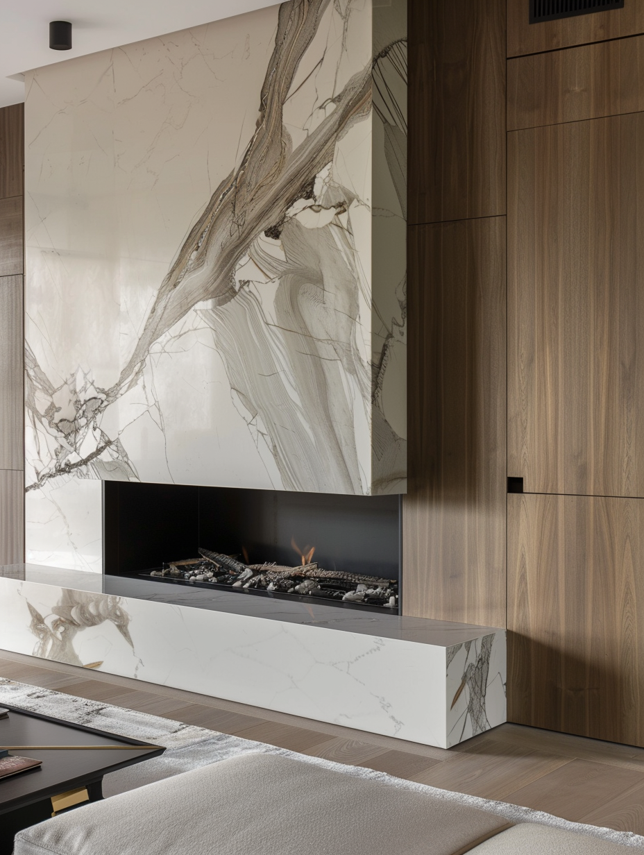 Floating marble fireplace surround with extended hearth installed in Toronto home