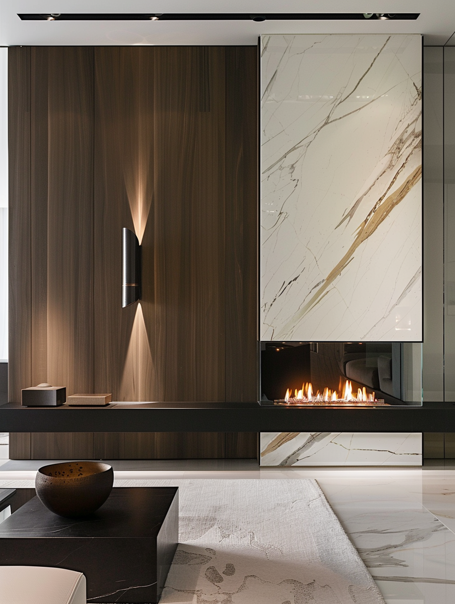 Luxury marble fireplace feature wall installation in Toronto with vertical stone panels