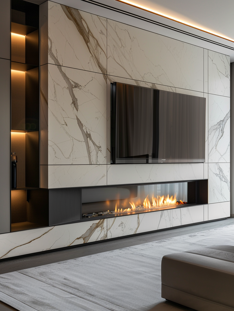 Linear marble fireplace feature wall installation in Toronto with horizontal marble slabs