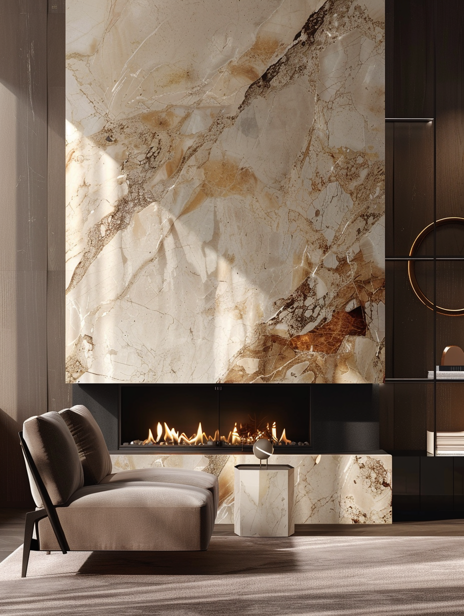 Bookmatched marble fireplace wall installation in Toronto with natural stone slabs
