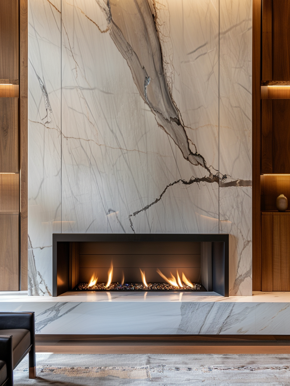 Modern marble fireplace surround installation in Toronto with bookmatched natural stone slabs